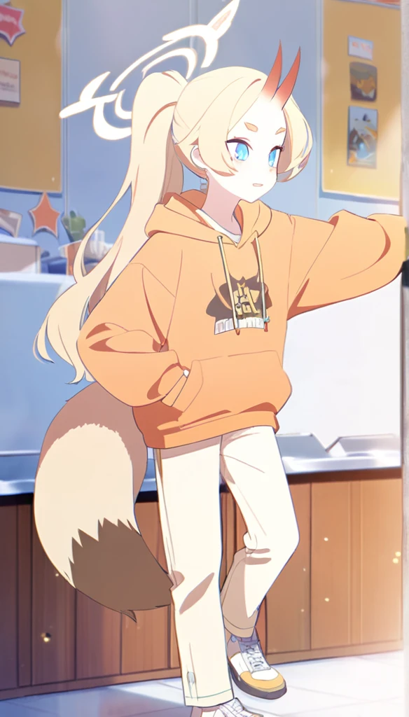 A 16 years old boy, white shoes, Latte coloured jeans, Pastel orange hoodie, oni horns, fox tail, Blue eyes, blonde hair, Orange halo, ponytail, (Blue Archive character)