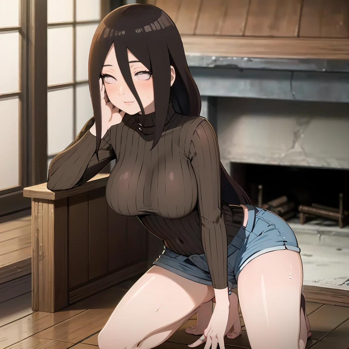 masterpiece, Very detailed, best quality, Ultra-high resolution, 1 Girl, Solitary, (Snow outside the window,exist(bamboo basket)by the fire,Sweating,blush),(中等breast), breast, (Hana and Hinata:1), (turtleneck sweater,shorts,,Kneeling), cleveage, From the front,sit,exist沙发上,black eyes,White eyes,((living room,))