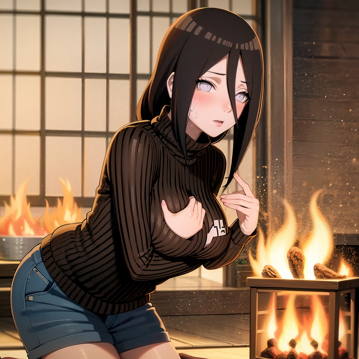 masterpiece, Very detailed, best quality, Ultra-high resolution, 1 Girl, Solitary, （Snow outside the window，exist（bamboo basket）by the fire，Sweating，blush），(中等breast), breast, (Hana and Hinata:1), (turtleneck sweater，shorts，，Kneeling), cleveage, From the front，sit，exist沙发上，black eyes，White eyes，（（living room，））