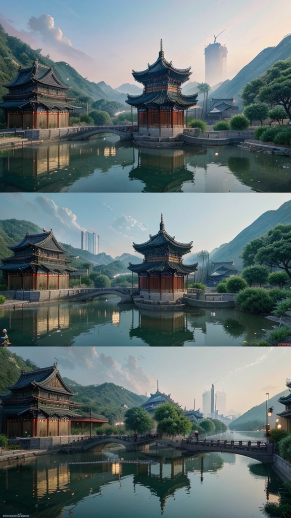 Painting of a Chinese village with a bridge over a river, Ross Tran. beautiful background, Digital painting of a pagoda, Ancient castle of cyberpunk China, dream china city, Highly detailed digital drawing, Very detailed digital painting, Detailed scenery - wide 672, wlop and Ross Tran, 4k detailed coloring, Detailed digital concept art, Highly detailed digital artwork