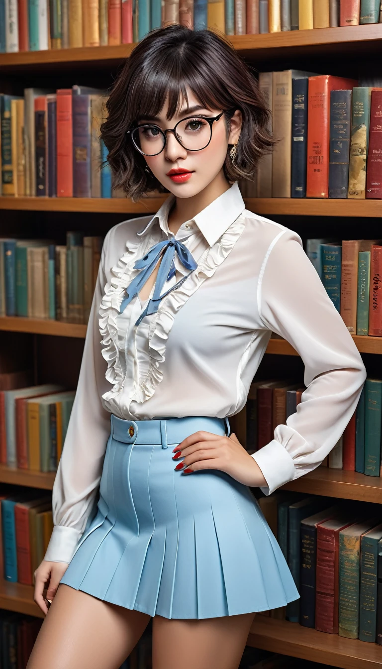 (((beautiful beautiful Isabela Merced, posing for shipmentss, looking sexy, ruffled lips, Short curly hair in different colors, extremely pretty eyes))), ((wearing floral silver necklace)), realistic shipmentsgraph, highy detailed, Foco do pointed, (Main lighting), (indoor bookstore environment), work of art, extremely pretty, Perfect beauty, (perfect shape body, Broad Hips, small waist, thick-thighs, firm abs, Body cute, knees, knees, focus on the knees, breasts small), short hair of different colors with bangs, short hair with bangs of different colors cobrindo a testa, short hair with bangs of different colors ((((short hair of different colors with bangs cobrindo a testa)))), ((30 years old)), (extremely detaild 8k wallpaper), ((face detailed)), (((wearing open white shirt, microsaia curta de tweed, knees, knees, Very Short Skirt)), (long dark eyelashes), (looking at the camera), (((neckleace))), (glamor model), (seductive facial expression) (((standing between high shelves full of books))), extremely detaild, work of art, details Intricate, highy detailed, Foco do pointed, skin detailed, realistic skin texture, texture, detailedeyes, high resolution, Cores Kodak Vision, shipments_\(ultra\), Post-processing, Maximum details, roughness, real-life, ultra realistic, shipmentsrealism, shipmentsgraphy, absurderes, RAW shipments, highest quallity, high detail RAW color shipments, professional shipments, extremely detaild UHD 8k wallpaper unit, best qualityer, high resolution, (work of art, maximum quality, high resolution:1.4), shipments, cinematic, film grain, pointed, soft natural light, magic shipmentsgraphy, super verbose, ((all-body: legs 1.7)), librarian glasses, nerd glasses, ((pleated miniskirt: miniskirt 1.6)), unbuttoned blouse with neckleace, へそ, へそ, neckleace, (Head to knee, all-body: knees 1.3), horny, lascivious, provocative