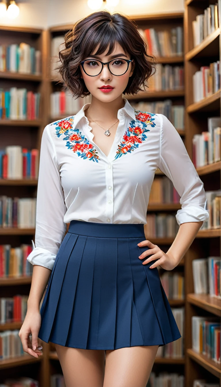 (((beautiful beautiful Isabela Merced, posing for shipmentss, looking sexy, ruffled lips, Short curly hair in different colors, extremely pretty eyes))), ((wearing floral silver necklace)), realistic shipmentsgraph, highy detailed, Foco do pointed, (Main lighting), (indoor bookstore environment), work of art, extremely pretty, Perfect beauty, (perfect shape body, Broad Hips, small waist, thick-thighs, firm abs, Body cute, knees, knees, focus on the knees, breasts small), short hair of different colors with bangs, short hair with bangs of different colors cobrindo a testa, short hair with bangs of different colors ((((short hair of different colors with bangs cobrindo a testa)))), ((30 years old)), (extremely detaild 8k wallpaper), ((face detailed)), (((wearing open white shirt, microsaia curta de tweed, knees, knees, Very Short Skirt)), (long dark eyelashes), (looking at the camera), (((neckleace))), (glamor model), (seductive facial expression) (((standing between high shelves full of books))), extremely detaild, work of art, details Intricate, highy detailed, Foco do pointed, skin detailed, realistic skin texture, texture, detailedeyes, high resolution, Cores Kodak Vision, shipments_\(ultra\), Post-processing, Maximum details, roughness, real-life, ultra realistic, shipmentsrealism, shipmentsgraphy, absurderes, RAW shipments, highest quallity, high detail RAW color shipments, professional shipments, extremely detaild UHD 8k wallpaper unit, best qualityer, high resolution, (work of art, maximum quality, high resolution:1.4), shipments, cinematic, film grain, pointed, soft natural light, magic shipmentsgraphy, super verbose, ((all-body: legs 1.7)), librarian glasses, nerd glasses, ((pleated miniskirt: miniskirt 1.6)), unbuttoned blouse with neckleace, へそ, へそ, neckleace, (Head to knee, all-body: knees 1.3), horny, lascivious, provocative