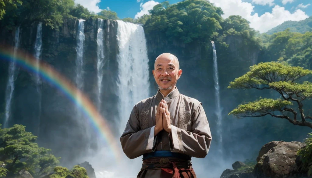 A middle-aged rather thin oriental man with a bald short beard puts his hands together，Showing goodbye，Eyes looking into the camera，Wearing a two-piece light-colored Chinese dress，Standing in the forest with waterfall，There are birds flying，There are white clouds in the blue sky，There is a rainbow above the waterfall，Beautiful and high-definition picture，The details are very clear，With depth of field