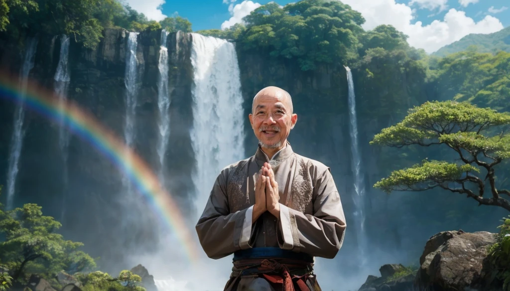 A middle-aged rather thin oriental man with a bald short beard puts his hands together，Showing goodbye，Eyes looking into the camera，Wearing a two-piece light-colored Chinese dress，Standing in the forest with waterfall，There are birds flying，There are white clouds in the blue sky，There is a rainbow above the waterfall，Beautiful and high-definition picture，The details are very clear，With depth of field