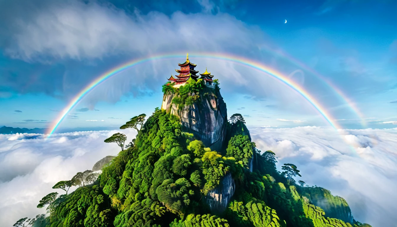 middle of an ocean，There is a mysterious island surrounded by clouds and mist，It exists only in legends and is full of mystery。Only those who are pure and sincere in heart can find this island。It has a dense primeval forest，trees towering into the sky，The tree crown seems to touch the starry sky。In the center of the island，There is a towering mountain range，The mountain tops are always shrouded in clouds and mist。Birds with wings like rainbows，There is something called「fantasy flower」plant，It is said that its petals can bring people into beautiful dreams.。There is an ancient stone tower，called「Star Tower」。in the Legends，Only on full moon nights，The star pattern on the top of the tower emits a mysterious light，Guide those who come looking for answers。is full of mystery、A place with romantic and fantasy elements。