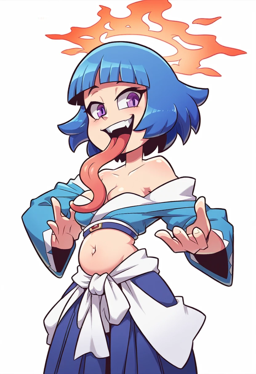 Girl, medium ruffled layered blue hair, purple eyes, open belly, Masterpiece, hiquality, Good detail, sticking out tongue, long tongue, hakama outfit with stomach exposed, half-body shot above waist, fire halo. Expression sheet, fullbody. Joyful expression. 