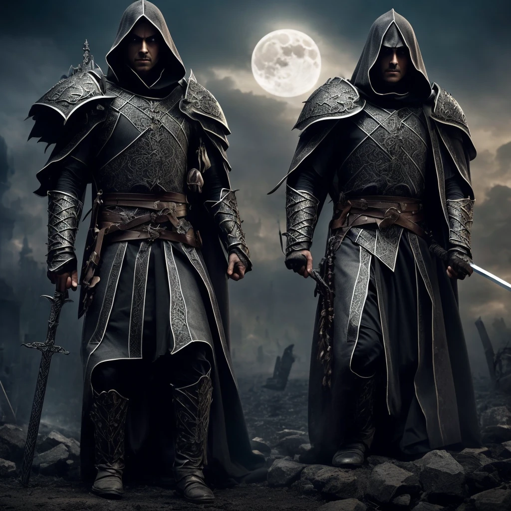 Background:
Evening in front of an ancient and ruined European castle.
A bright full moon illuminates the sky, creates a scary shadow around.
war:
In the middle of the battlefield, there is a team of people who are fighting hard.
The knight in armor swung his sword, wajahnya penuh determination.
The priest held a cross and shouted a prayer of protection.
The elemental mage casts a spell, controls the elements of fire and wind.
On the other hand, the horrifying forces of the undead advanced.
Hundreds of bodies were bleeding and injured, led by a necromancer.
Necromancers wear black robes, his eyes radiated darkness.
A mist of smoke and blood surrounded them, creates a tense atmosphere.
Other Details:
Each character's facial expressions are very detailed: afraid, determination, and despair.
Their costumes reflect the middle ages with engraved cross emblems.
Leather, Hair, and their eyes are very realistic.
Harmonious light and shadow highlight each element.
UHD. Full angle view all the scene.