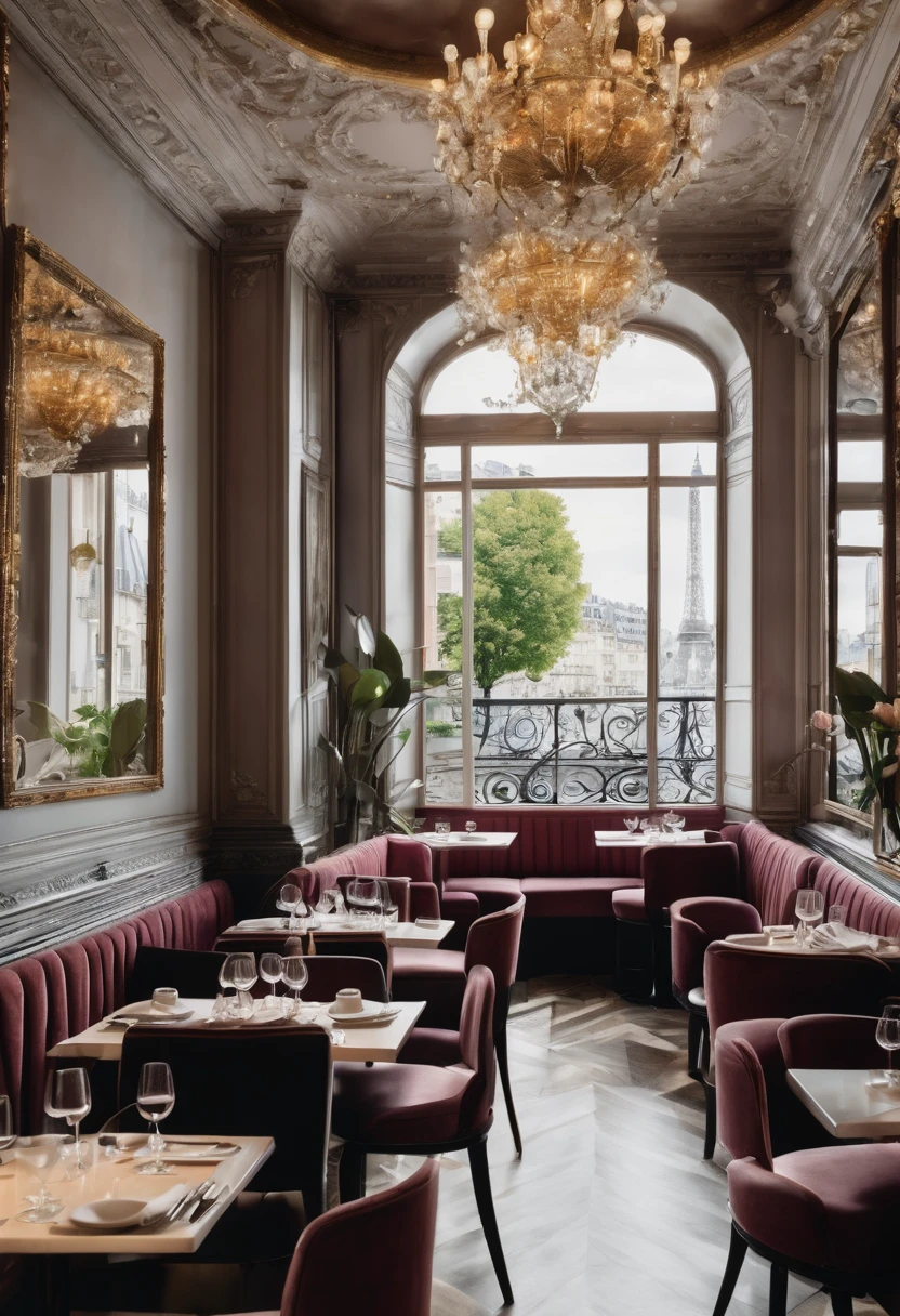 A realistic photo of the interior of a chic restaurant in Paris