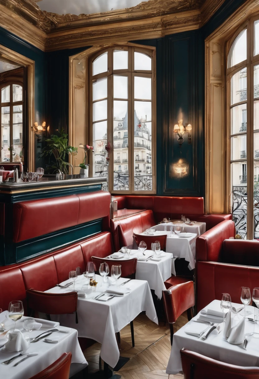 A realistic photo of the interior of a chic restaurant in Paris