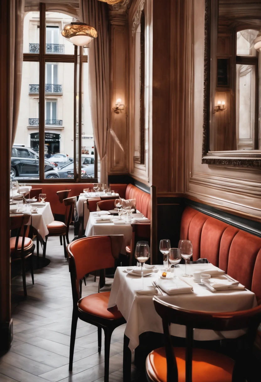 A realistic photo of the interior of a chic restaurant in Paris