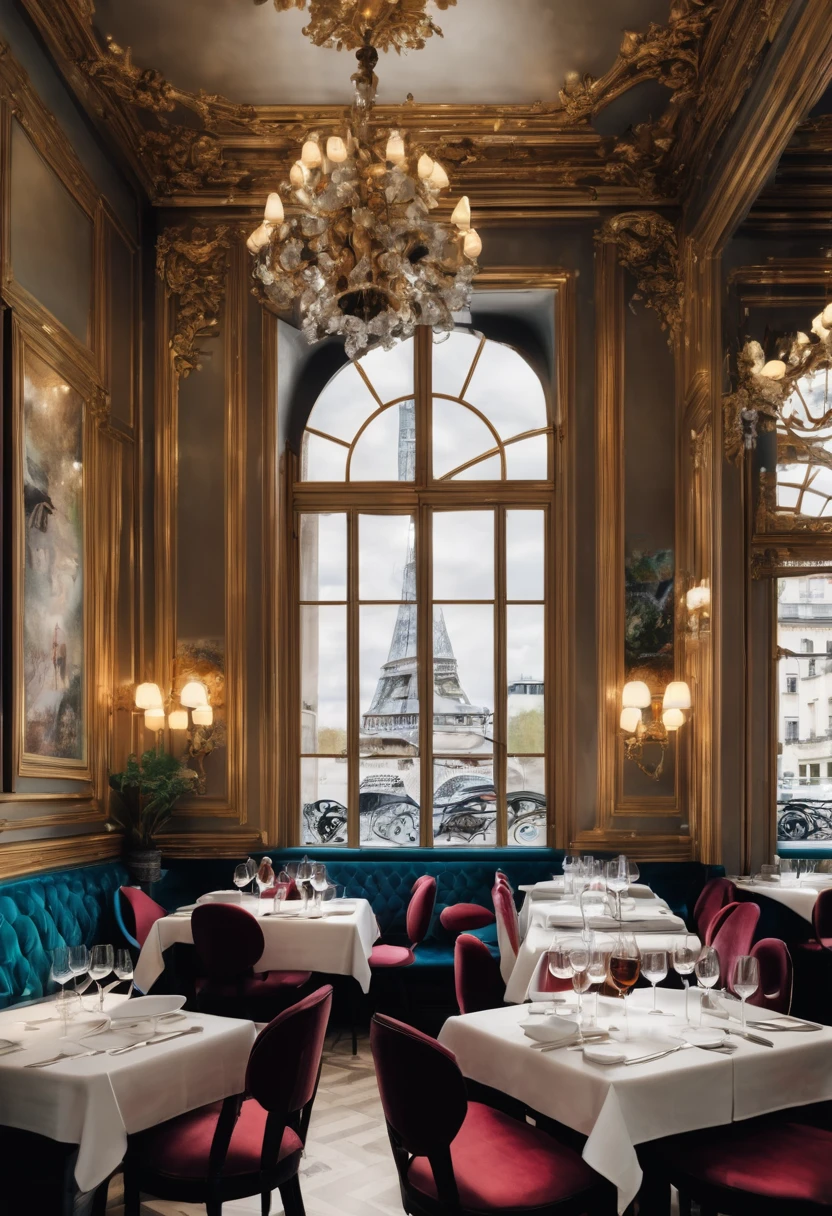 A realistic photo of the interior of a chic restaurant in Paris