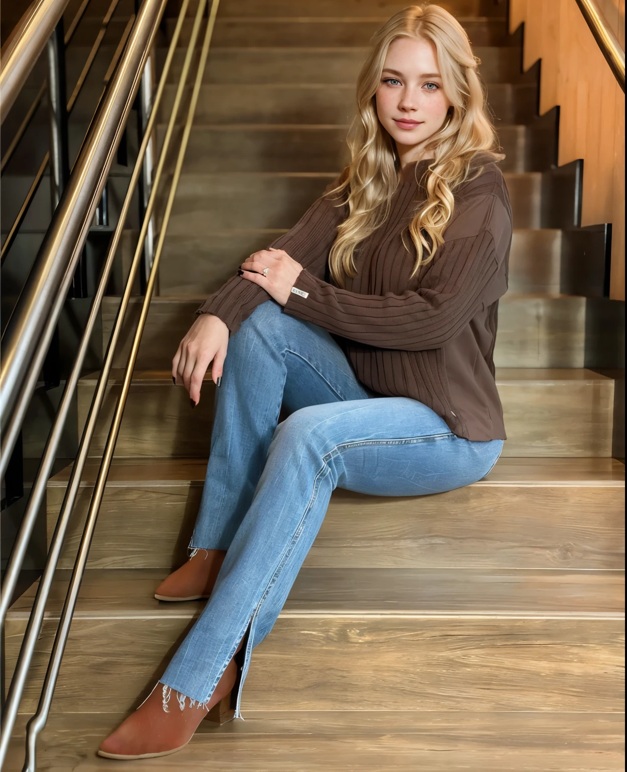 a one woman, americana, age 25, pale skin and freckles, grey-eyed, delicate nose, soft and delicate lips, distant, distant, wavy, waist-length blonde hair, Sweet smile, face with delicate feminine facial features, Highly Rendering, golden bracelet