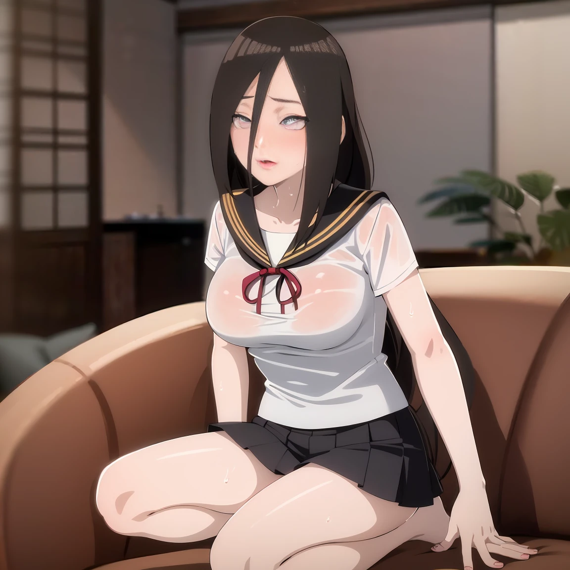 masterpiece, Very detailed, best quality, Ultra-high resolution, 1 Girl, Solitary, (living room,White shirt,Short skirt,Sweating,blush),(中等breast), breast, (Hana and Hinata:1), (Sailor Suit,,Kneeling), cleveage, From the front,sit,On the sofa,black eyes,White eyes,((living room,))