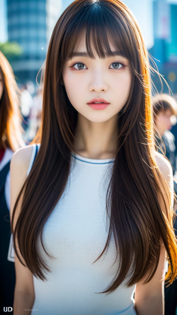 (best quality, 8k, 32k, masterpiece, UHD:1.2), ultra high resolution, (pretty a Korean early teen girl), 13 years old, beautiful detailed eyes, dark make-up, semi long brown hair, bangs, portrait, (crowded city boulevard on a bright sunny day:1.2)