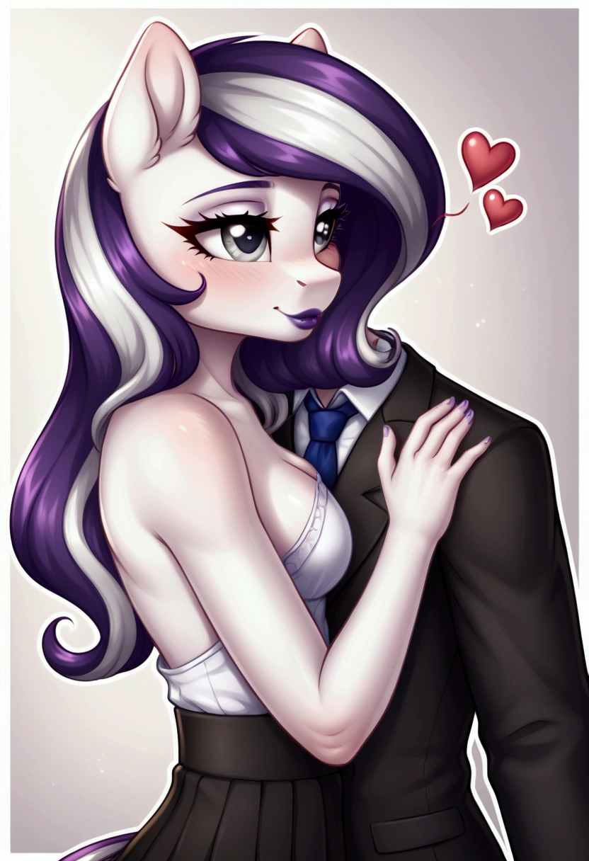 My little pony, (anthro), ((school role play outfit)), (Two-tone hair with black on top and white underneath), pale white body, gray eyes, medium breasts, purple lips, perfect lines, heart cutie mark