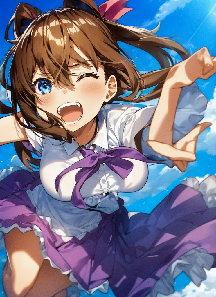 1girl, Fangged mouth, ribbon, Cumulonimbus, buzzer