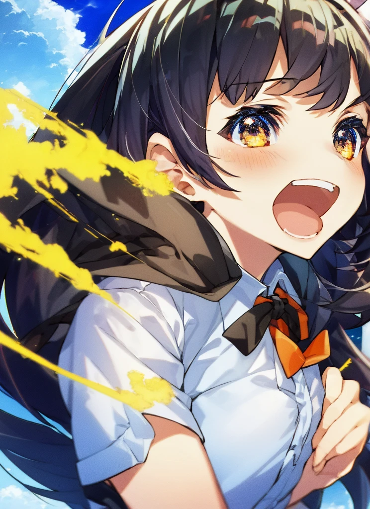 1girl, Fangged mouth, ribbon, Cumulonimbus, buzzer