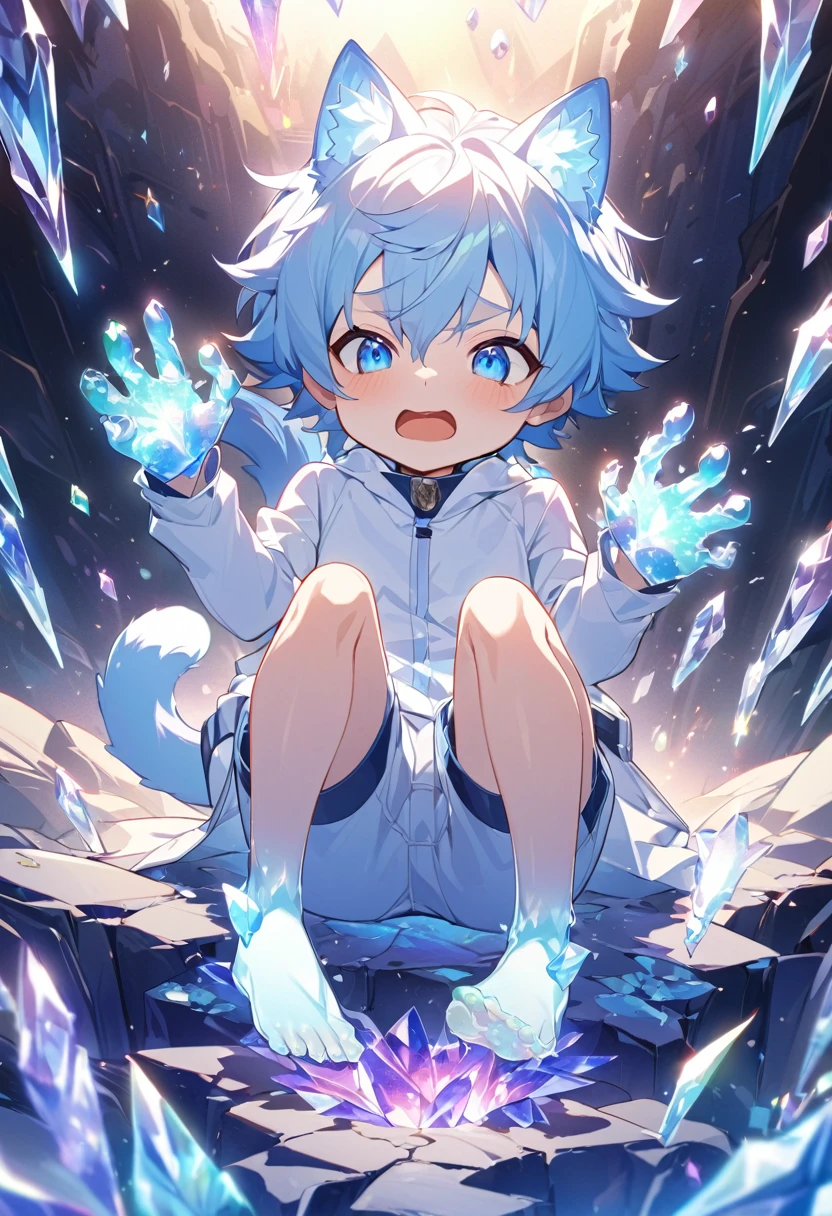 Little male cat,boy,There is a tail,cute,Thin,struggle,Everlasting,Crystallization,Feet turned into crystal,Hands turn into crystal,Crystal Spread Feet,Crystal feet,Crystal hands,illumination,freeze,脚被freeze,charming,boy们 ,蓝色Crystal feet,穿着Tight Fit衣,plastic,Full body portrait,smooth,全身Tight Fit衣,Thin,Light blue gel coat,Full body gel coat,outdoor,Naked,Small pants,Tight Fit,No clothes