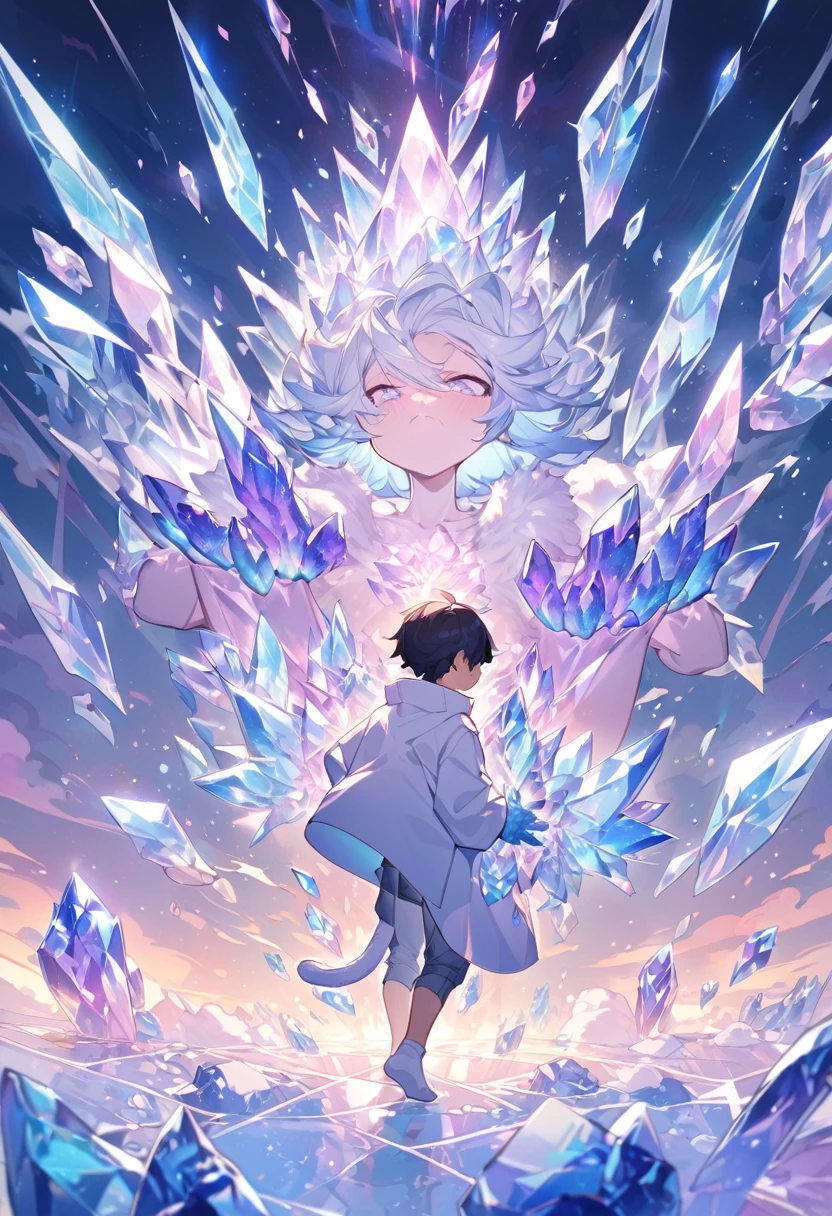 Little male cat,boy,There is a tail,cute,Thin,struggle,Everlasting,Crystallization,Feet turned into crystal,Hands turn into crystal,Crystal Spread Feet,Crystal feet,Crystal hands,illumination,freeze,脚被freeze,charming,boy们 ,蓝色Crystal feet,穿着Tight Fit衣,plastic,Full body portrait,smooth,全身Tight Fit衣,Thin,Light blue gel coat,Full body gel coat,outdoor,Naked,Small pants,Tight Fit,No clothes