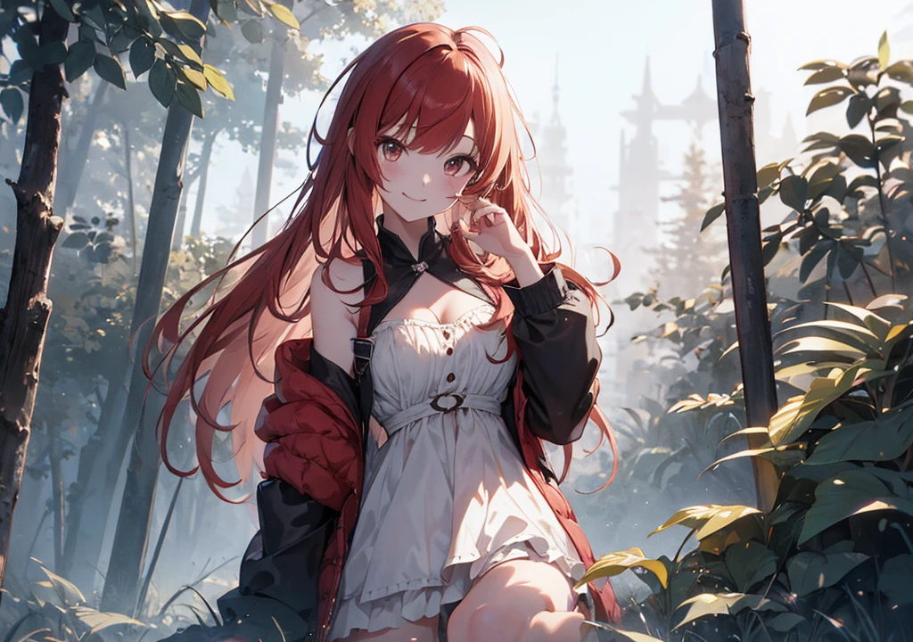 Realistic photos, Focus distance 10mm, Red and white, A big smile, Beautiful girl, Realistic photos, Focus distance 10mmで撮影, masterpiece, 最high quality, high quality, Very detailed CG 8k wallpaper unit, Award-winning photography, Depth of written boundary, High resolution, bloom, chromatic aberration, Realistic, Very detailed, Art Station Trends, CGsociety Trends, Complex, High detail, dramatic, Art on the go, volumetric lighting, game「Tales」Series Image, Fantastic Beastmaster: A beautiful girl who controls magical beasts。The scene depicts the deepening of the bond with the demonic beast., In a silent forest with mist in the background、A village with a mysterious atmosphere
