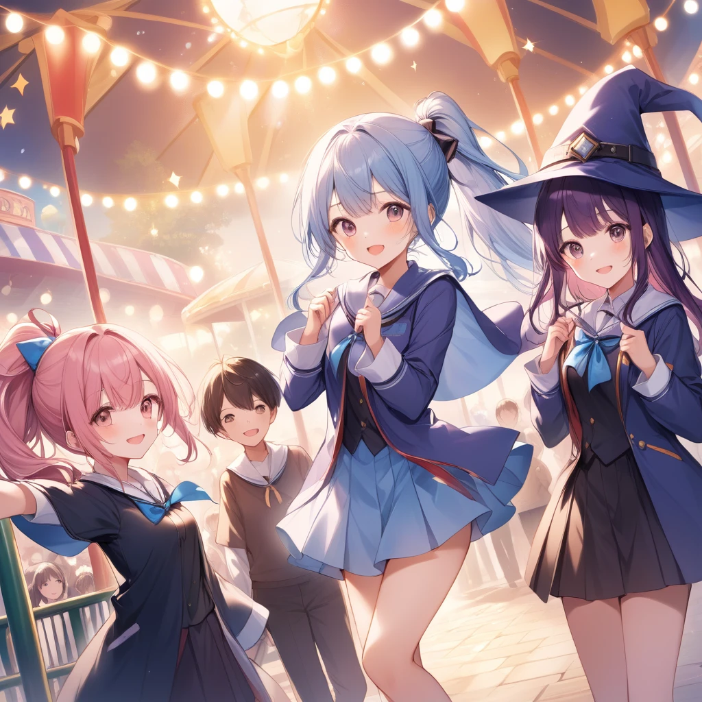 girl、Three people、A girl with short, loose light blue hair、A kind-looking girl with pink hair、A cheerful girl with purple hair and a ponytail、They get along well、Primary school students、amusement park、Wizard