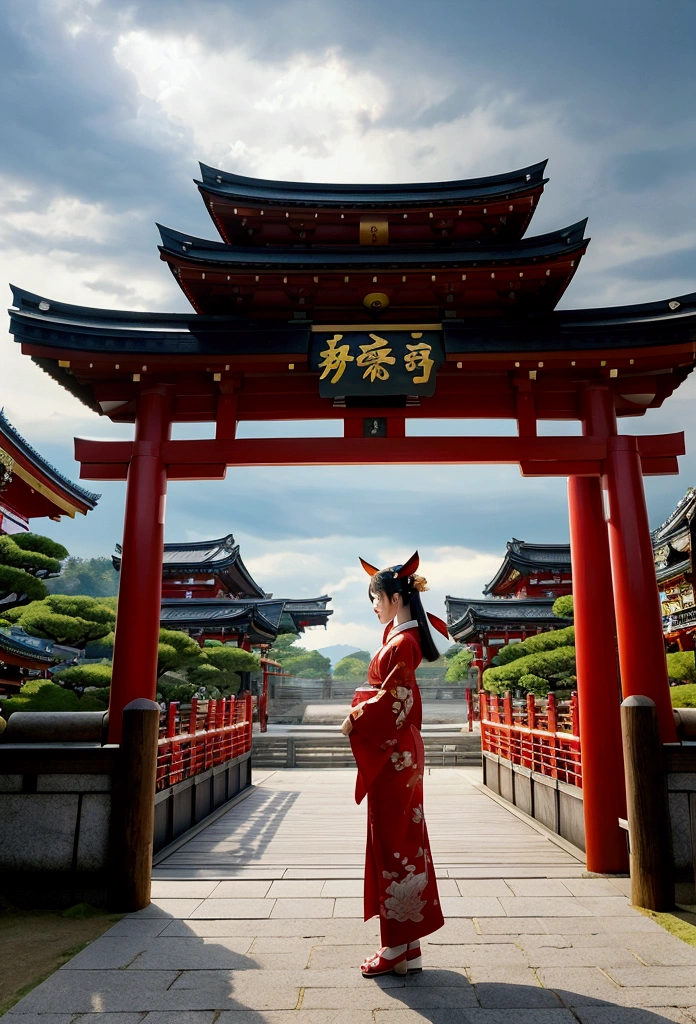 Breathtaking cinematic portrait of an ethereal Japanese kitsune woman, perched gracefully atop a massive vermilion torii gate. Adorned in a luxurious knee-length kimono, vibrant red and pure white, with intricate golden embroidery. Delicate cat ears perk up, red ritualistic paint accentuates her mesmerizing eyes. Her slender hand shields her gaze as she scans the horizon with intense focus. Golden sunbeams pierce through ominous storm clouds, casting dramatic shadows across her face. Below, a vast Shinto shrine complex stretches endlessly, hundreds of torii gates creating a mystical pathway. Hyper-realistic textures, atmosphere dense with anticipation, movie-quality visual effects. Epic scale contrasts with intimate emotional resonance. 