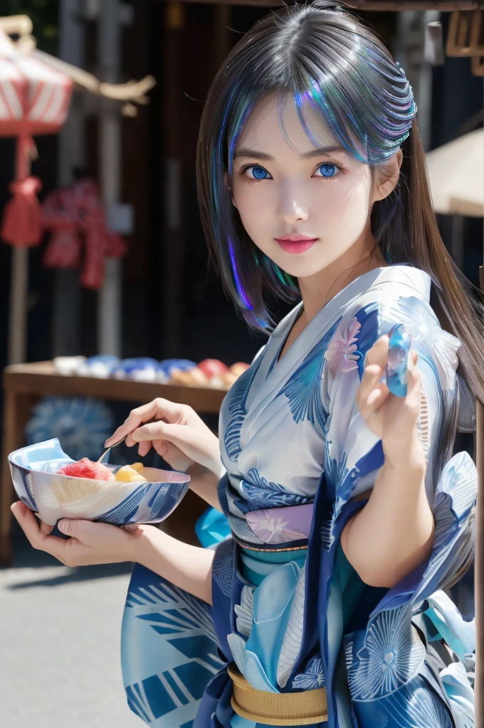 Tabletop、Realistic、Highest quality、Highest quality、masterpiece、Ultra-high resolution、RAW Photos、Realistic、Bright lighting、Face Light、Smooth Professional Lighting、Highest quality、masterpiece、Ultra-high resolution、(Photorealistic:1.4)、RAW Photos、Detailed CG image quality, Beautiful poop、One Girl、Japanese、Age 25、(blue eyes:1.2)、Pink lipstick、Laughter, long hair、(Iridescent hair:1.4), (Short length yukata:1.4)、Detailed portrait、8K quality、Concept Art、A dramatic, cinematic atmosphere、Sharp focus、Blurred foreground、Blurred Background:1.3, soft smile, (A young woman in a yukata walking along a road with many food stalls)