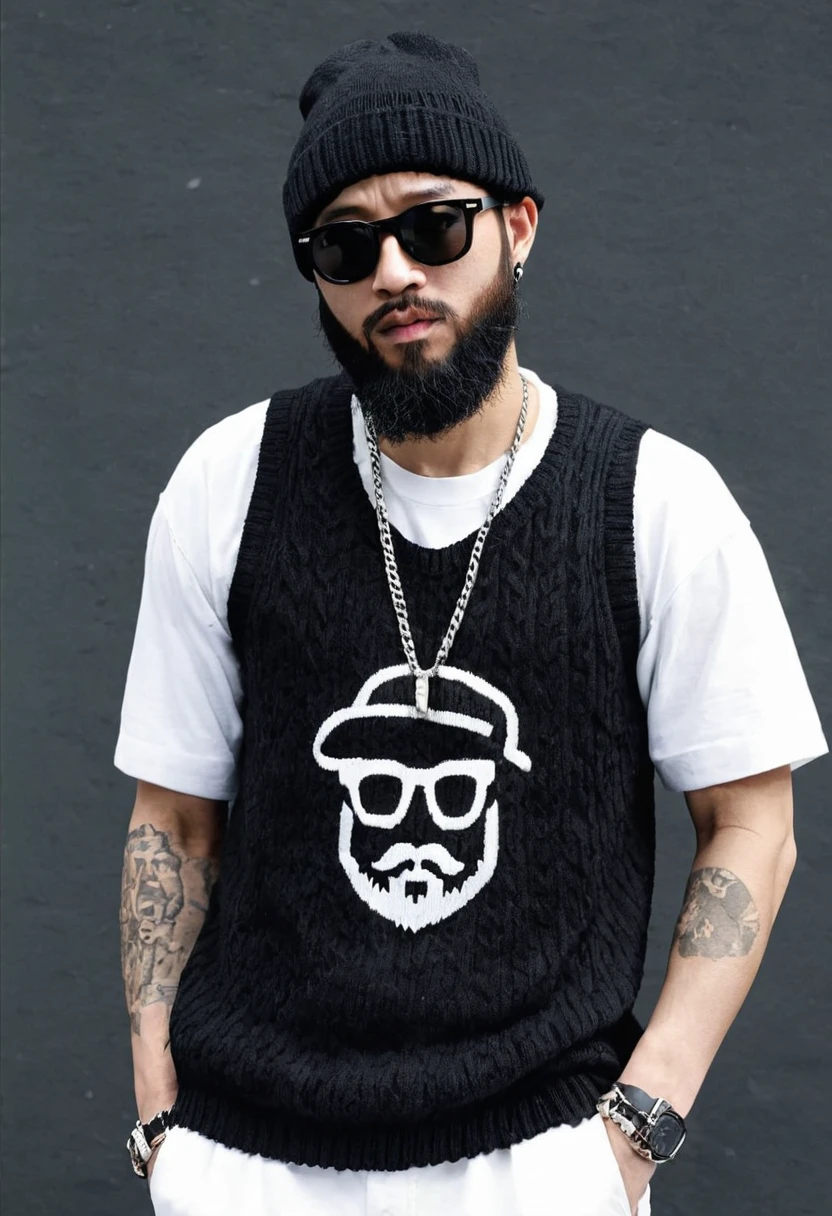 super high quality、male、Knitted hat、black、Upper Body、sunglasses、Beard、Rapper、Game Shirt、monotone