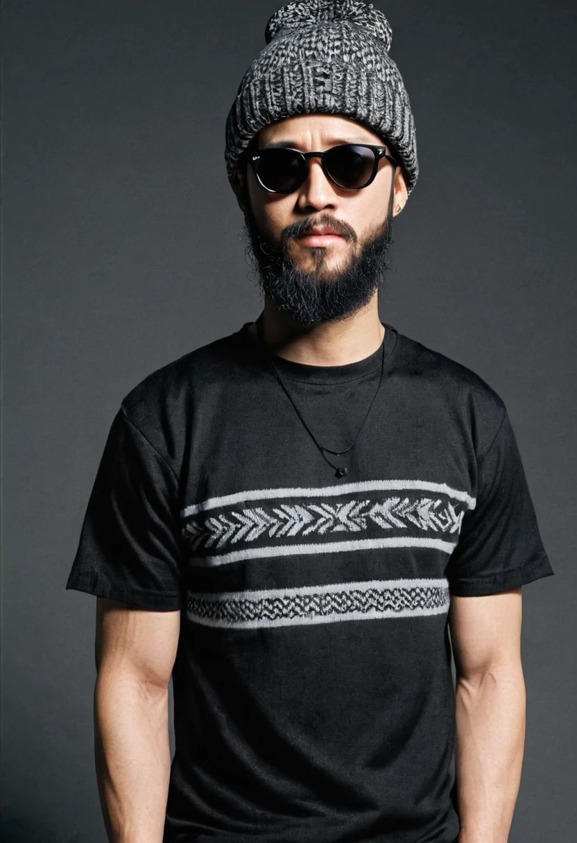 super high quality、male、Knitted hat、black、Upper Body、sunglasses、Beard、Rapper、Game Shirt、monotone