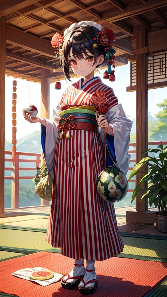 Create an anime-style illustration featuring a large, ripe watermelon placed on a woven mat. Include a traditional Japanese wind chime with a red stripe hanging above the watermelon, and next to it, place a small white and blue Japanese Daruma doll with one eye painted in. The background should have a bamboo screen partition to enhance the Japanese summer aesthetic.