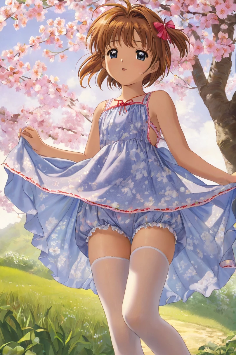 10 year old girl underwear, Sakura Kinomoto、Realistic bloomers made from patterned cotton fabric, Medieval one-piece dress with panniers, Fabric Realism, Low - Angle, I see bloomers, Pull up the dress by hand, Strong winds, Translucent slip, Translucent slip, tights, Highest quality, whole body