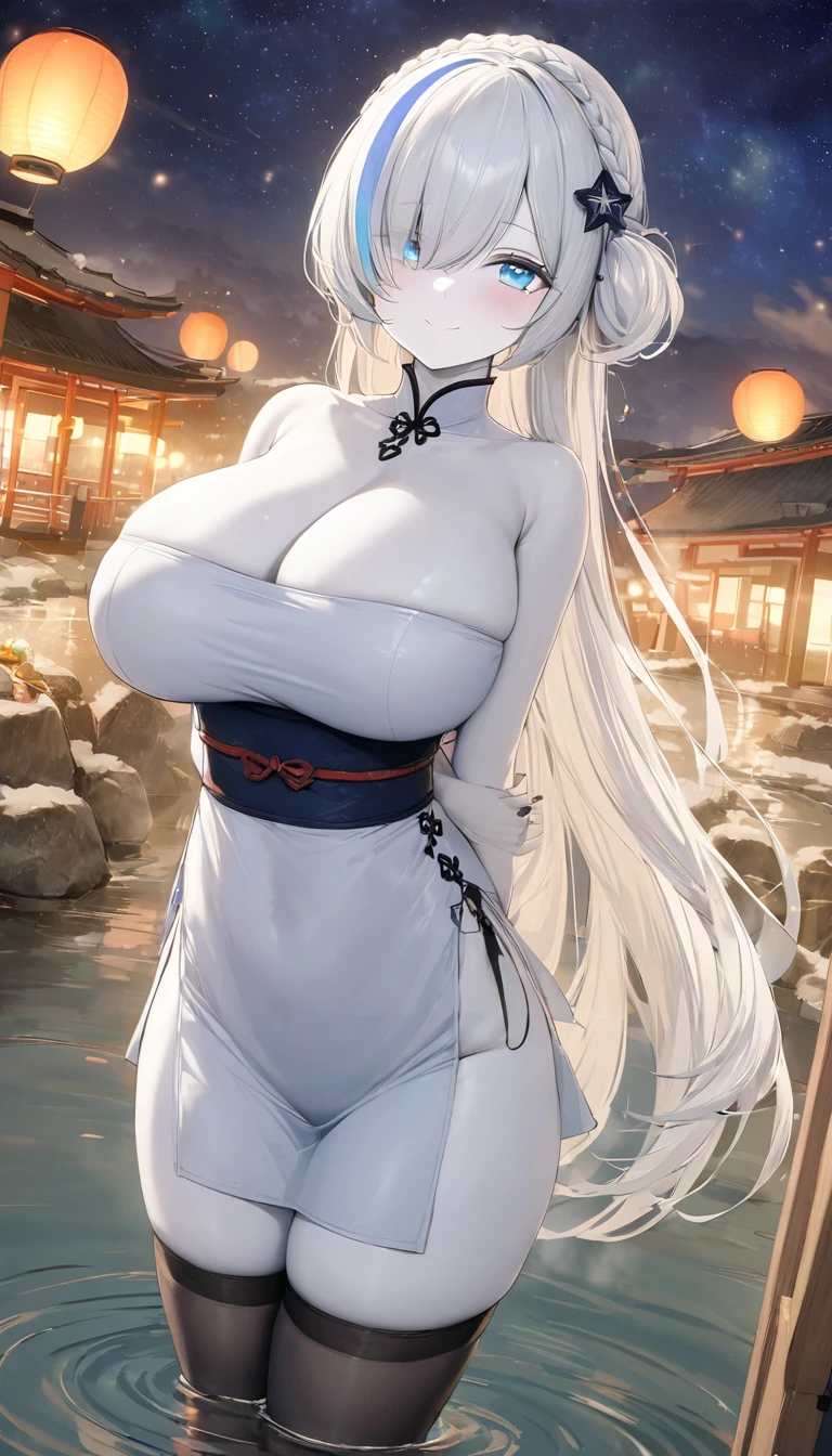 (masterpiece, high quality, high detail, 4k, rtx, high resolution:1.2),blue_streaked_hair,hair_over_one_eye, blue_eyes,very long hair,braid,white hair_ornament,white skin,black nail_polish,aged_down, solo,1girl, aerial_fireworks, architecture, aurora, bridge, building, city_lights, cityscape, cloud, constellation, crescent_moon, earth_(planet), east_asian_architecture, festival, fireflies, fireworks, flower, fountain, full_moon, galaxy, hair_ornament, horizon,(white dress, tubetop dress, china_dress, ???? pose:1.3), thighs, thighhighs,(strapless:1.2), (beautiful ????????????:1.3),lantern, light_particles, looking_at_viewer, milky_way, moon, moonlight, night, night_sky, obi, onsen, outdoors, paper_lantern, planet, reflection, sash, shooting_star, sky, skyline, skyscraper, smile, snow, snowing, solo, space, sparkle, standing, star_(sky), star_(symbol), starry_background, starry_sky, starry_sky_print, summer_festival, sunrise, tanzaku, telescope, torii, tower, twilight,wading, water,arms behind back,finger polish