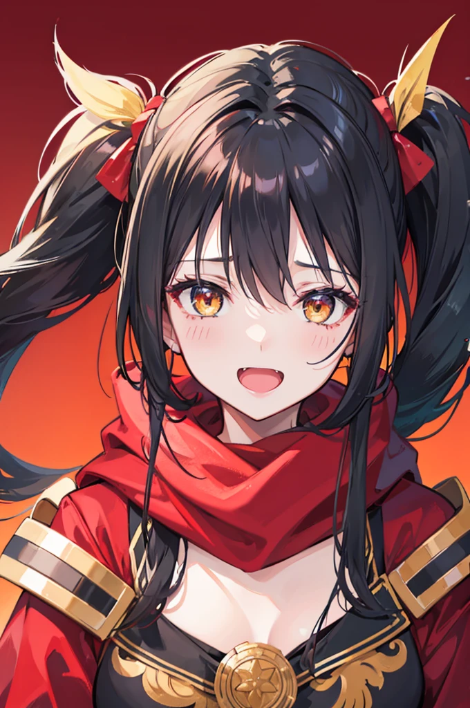 side ponytail, stupid hair, portrait, passionate fool, girl, Laugh loudly and energetically, golden eyes, red cloth scarf, B cup, Black Jacket