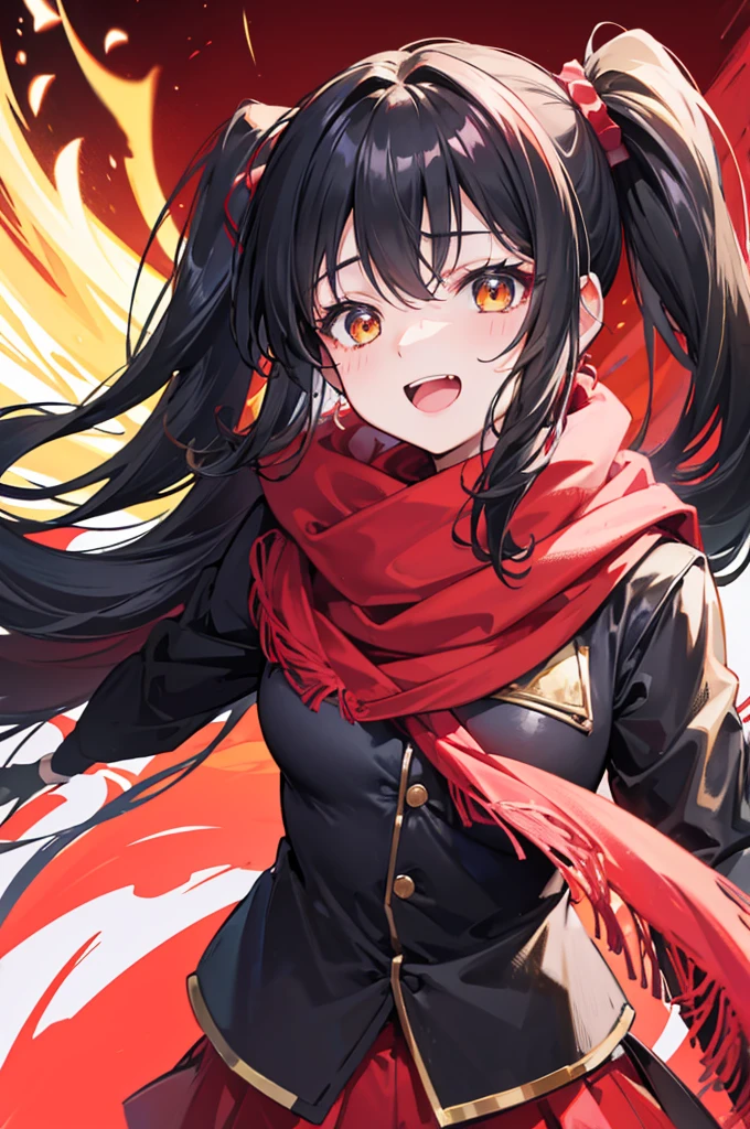 side ponytail, stupid hair, portrait, passionate fool, girl, Laugh loudly and energetically, golden eyes, red cloth scarf, B cup, Black Jacket