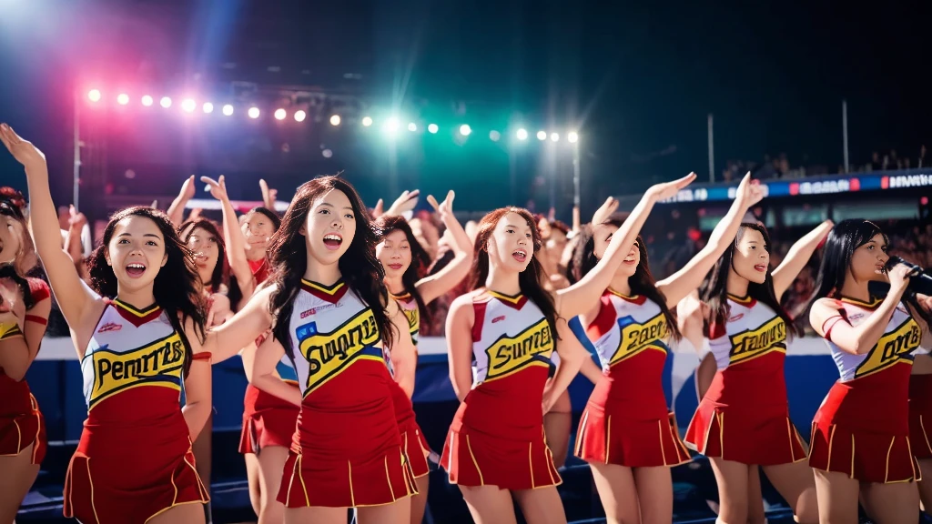ラテンミュージシャンがステージでperformance, Black short tight dress, song performance, KPOP Girl Group, Noise々Cool atmosphere, Stage above the hall, (Highest quality, 8k, 16K, High resolution, masterpiece:1.2), Very detailed, (Realistic, photoRealistic, photo-Realistic:1.37), Professional, (music:1.1, performance:1.1), Dynamic Lighting, Moving Light, energetic performance, Powerful vocals, Enthusiastic audience, Dazzling stage effects, High energy atmosphere, (excited, Adrenaline:1.1), Charismatic lead vocalist, Perfect stage presence, passionate performance, Vivid stage background, (Cheerleaders:1.1, Shake the penlight:1.1), An exciting atmosphere, Captivating stage presence, (Explosives, high intensity:1.1), (pop music, Catchy melody:1.1), Crowd Interaction, (Empower the lyrics, Motivational messages:1.1),  photoRealistic, 