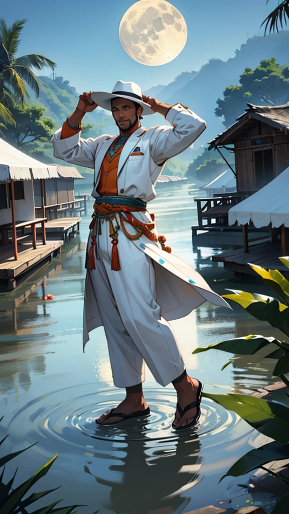 Create an image of a man standing near a river with a full moon in the background. The man has brown skin and is dressed in a white suit and a white hat. In the background, the Amazon River and a village celebrating with festive tents, people dancing, and colorful decorations can be seen.