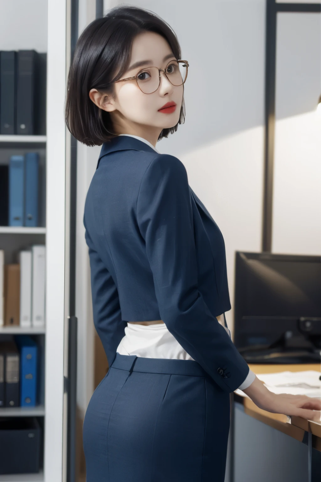 ((Highest quality)), ((masterpiece)), (detailed), One girl, Short Hair、Office Lady、glamorous、suit、tie、skirt、Butt、Navy、Glasses