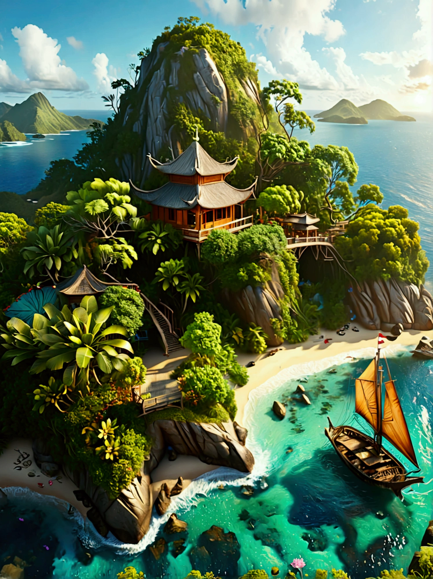 (Bird&#39;s eye view:1.5)，An ancient treasure map，Horizon leading to an exotic island。The island is covered with lush tropical vegetation、Mysterious ancient buildings and a towering mountain。This is an obvious destination for daring explorers。The sky is dotted with birds，There&#39;s a sense of adventure in the air，The boundless blue sea is inhabited by various marine creatures.。A wooden boat with an elegant sail awaits in the nearby bay.，Prepare to start a cross-sea journey。