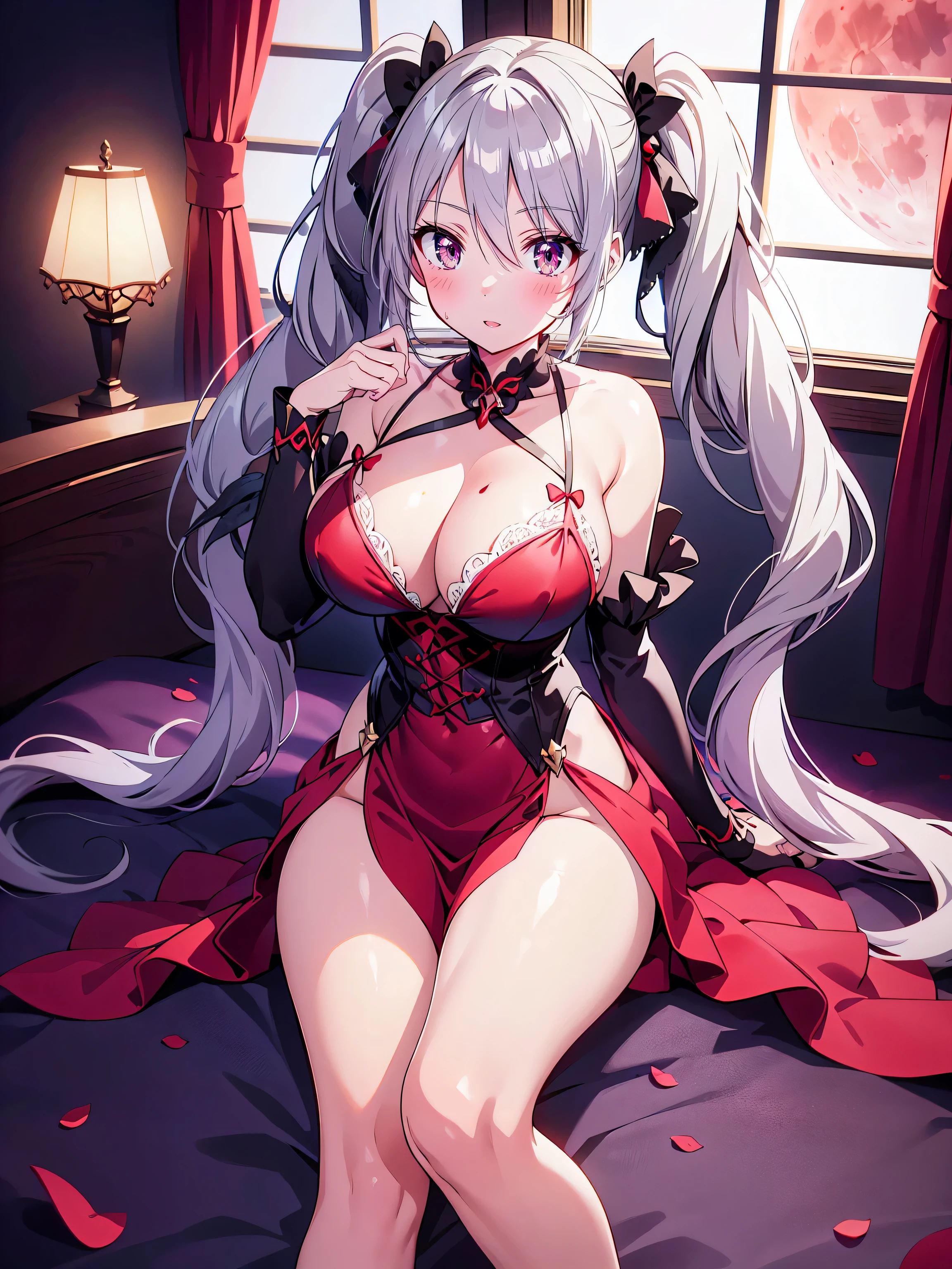 ((ultra detailed, exquisite quality, absolutely resolution)), (anime moe art style:1.3), (((young face solo Vampire girl))), ((Sexy super cute black and red dress), (vampire dress), lace lingerie, braids, silk gloves, glittering veils, beautiful headpieces, (huge breasts), breasts cleavage, (hair silver hair), (((long twintails:1.5))), fluffy Expressive twintails, kawaii face, ((seductive face)), backlighting, particle effect, caustics, super detailed skin, (hyper detail delicate eyes), (eyes red eyes), lying on the bed,  full body, blood moon, (moon light:1.2), isometric 3D, octane render, ray tracing, 