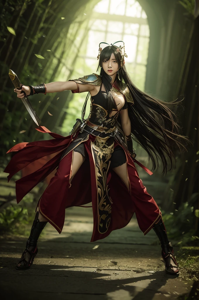 Masterpiece, best quality, asian girl , black long hair, looking at viewer, ancient chinese dress, chinese sword, armor, standing pose, perfect lighting , dynamic pose, fighting stance , full body , intricate