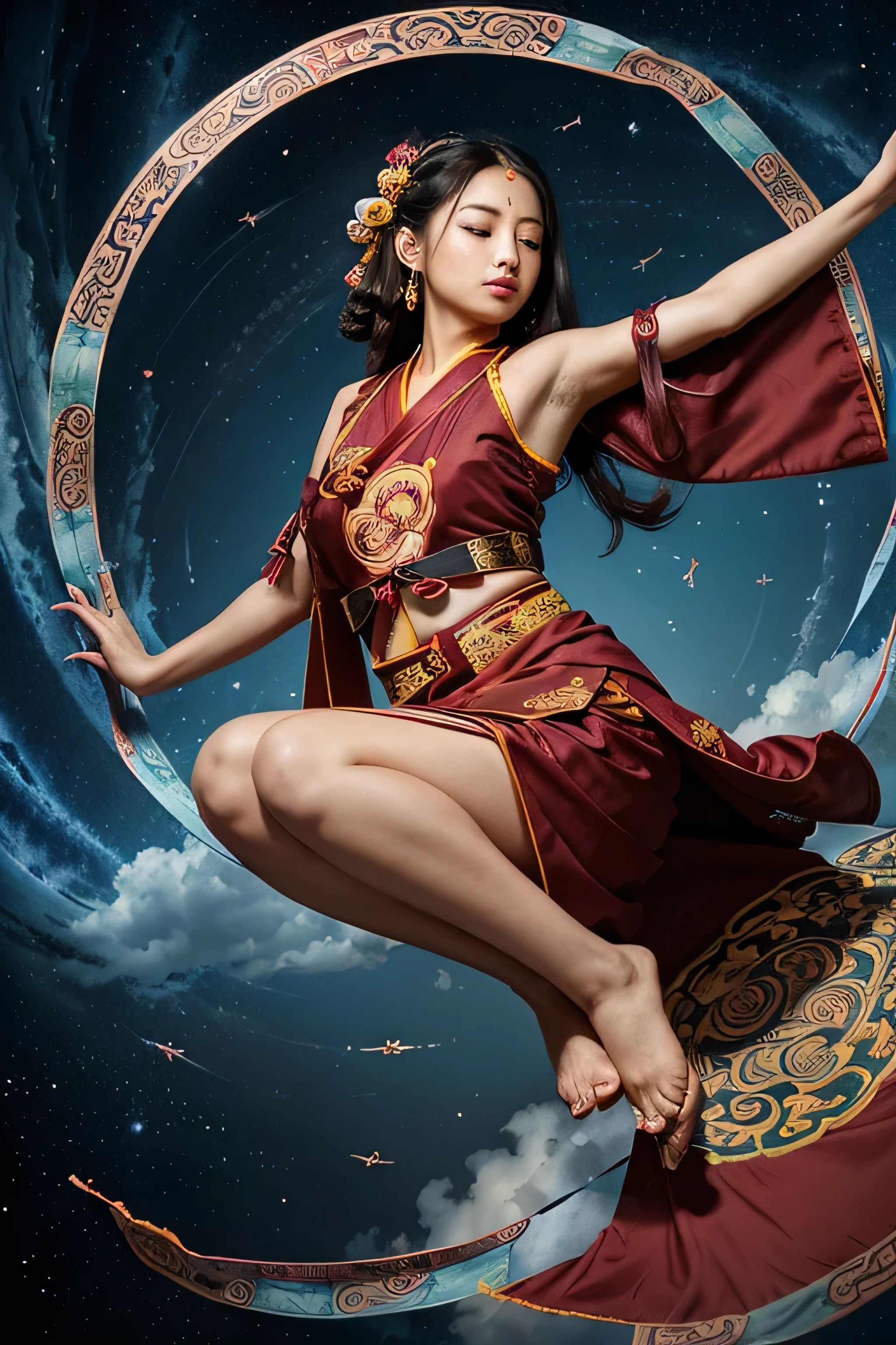Official Art, Unified 8K Wallpapers, Ultra Detailed, Beautiful and Aesthetic, Masterpiece, Best Quality, (Zentangle, Tangle, Entangle), (fractal art: 1.4), 1girl, black hair, Chinese, bare shoulders, short skirt, calf, navel, very detailed, dynamic angle, cowboyshot, (most beautiful form chaos), flowing, (bright colors), oc, (half: 1.2), china, (thangka flying sky: 1.5), (ribbon: 1.3), (dream: 1.5), (hanfu: 1.5), Chinese dragon, Chinese phoenix, (smile: 0.5), (Chinese deity),
