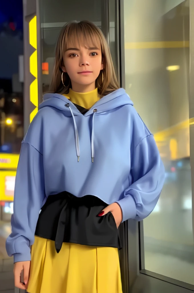 a stunning intricate full color portrait of a beautiful woman, yellow hoodie , during a midnight stroll, funny, bounced lighting, dreamy haze, detailed skin, skin blemish, sharp focus, shot on HOLGA 120n, Lomochrome color film  . Hard nipples  short skirt 
