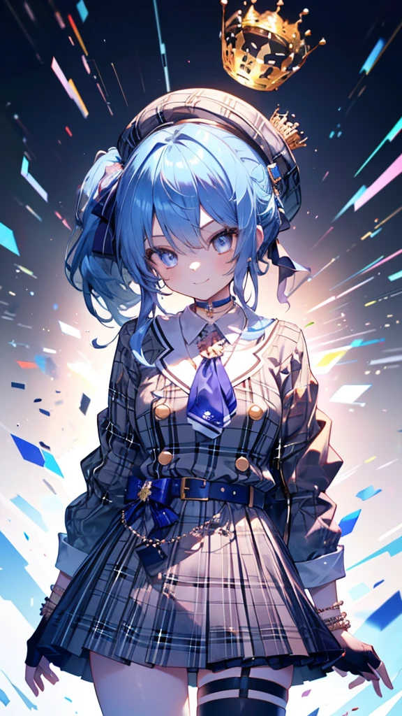 (Ultra-high resolution,masterpiece, Attention to detail, Highest quality), 8k,(sui1, 1girl, 独奏, side ponytail, Hoshimachi Suisei, fingerless gloves, single thighhigh, jewelry, thigh strap, bracelet, buttons, plaid dress, blue choker, blue belt, plaid skirt, mini crown, grey skirt, blue ascot, long sleeves, plaid jacket),(Blessed,Captivating body、Ultra-detailed skin、Super beautiful eyes、Detailed Background),One girl、 (cheerful ,enjoy :1.5),