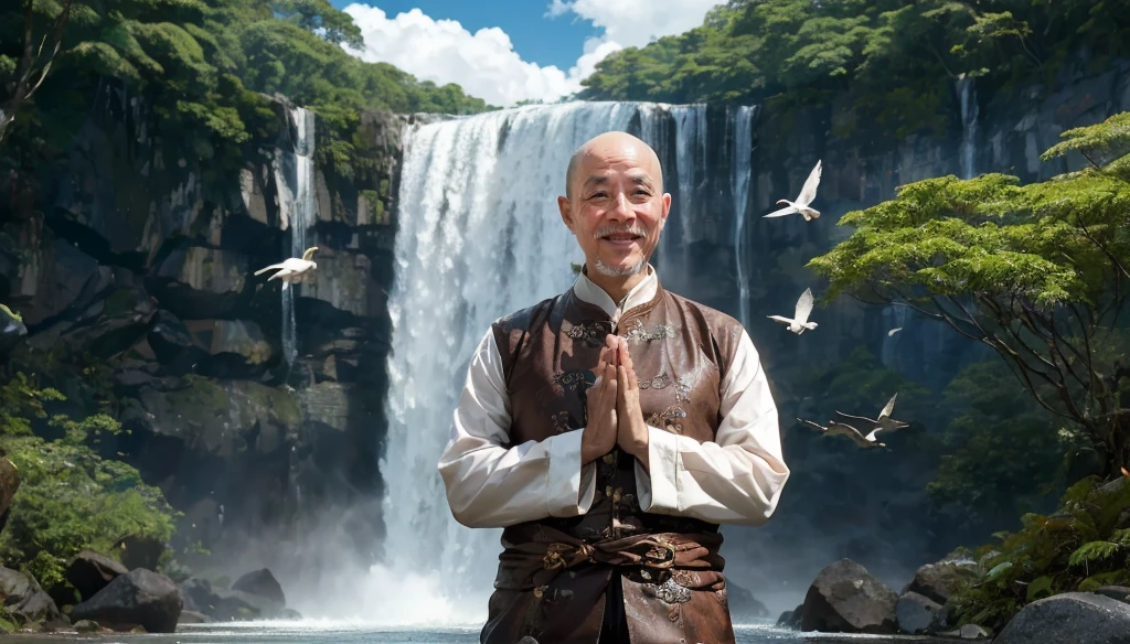 A middle-aged rather thin oriental man with a bald short beard puts his hands together，Showing goodbye，Eyes looking into the camera，Wearing a two-piece light-colored Chinese dress，Standing in the forest with waterfall，There are birds flying，There are white clouds in the blue sky，There is a rainbow above the waterfall，Beautiful and high-definition picture，The details are very clear，With depth of field