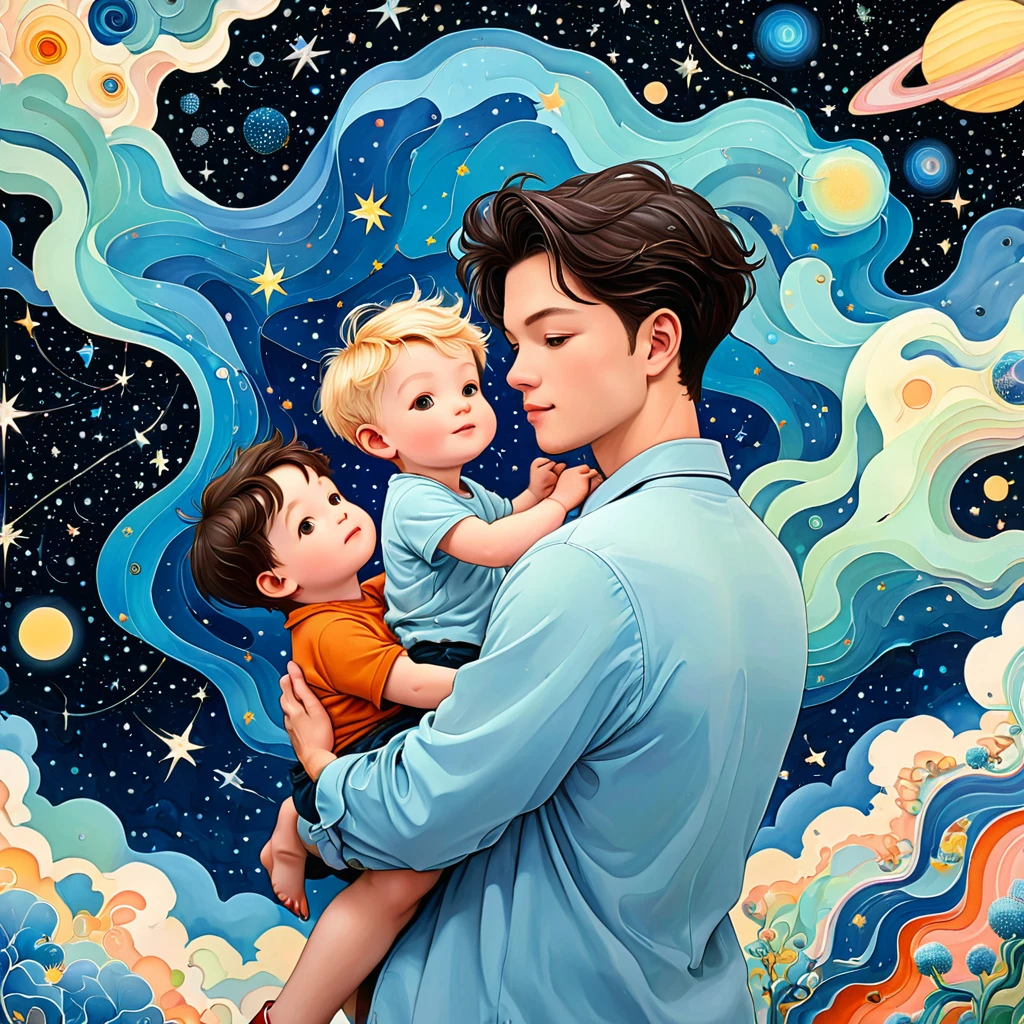 (((James Jean Styles：1.5)))，microorganism、Happy father with son in his arms、starry sky，Stitching an abstract painting，Describing the inner world of autistic people，Sense of space，blank space，interesting，innocence，psychedelic art