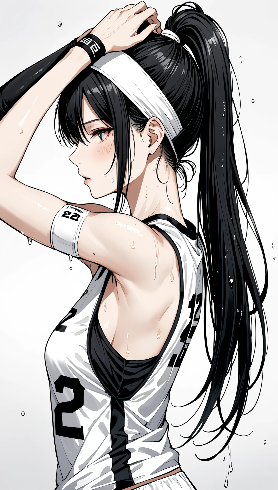 style of santiago caruso, 1 Girl, solo, White skin,Lift above your head,Grab your elbows,armpit,from the side,edge,,White Volleyball Vest,Black long hair,High Ponytail,Head rope,blush,Sweat,Wet hair,Half Body,black elbow pads,Finger Band-Aid,Number 22 shirt,Flat black and white,Large target ,Thin,Wide-angle shooting,