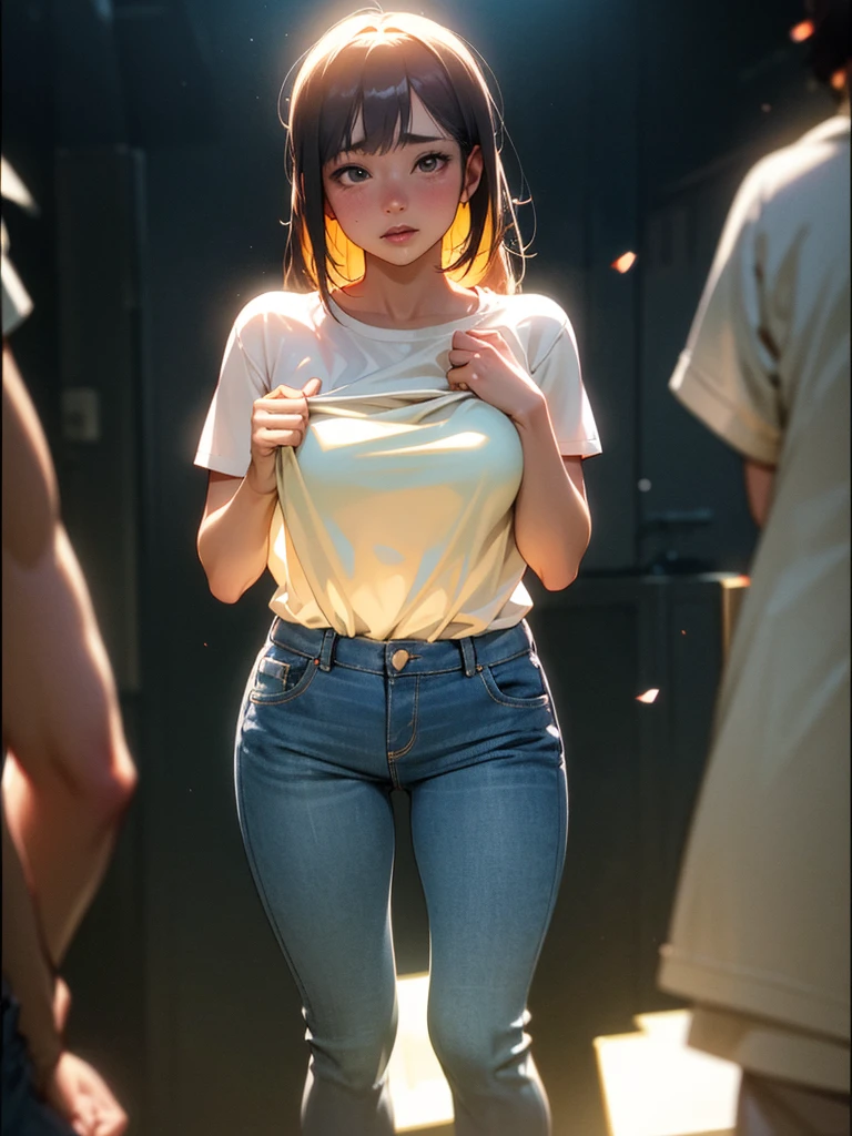 (Sumilux f1.4 50mm , low Latitude old color negative film , cross process , bokeh, flare, chromatic aberration , soft focus, (Shallow focus) , soft glow , Maximum aperture, High Key , Transparent depiction) , clothed erotica , Satyr woman, butter face, saggy melons , sloppy T-shirt , Jeans , Lift up T-shirt