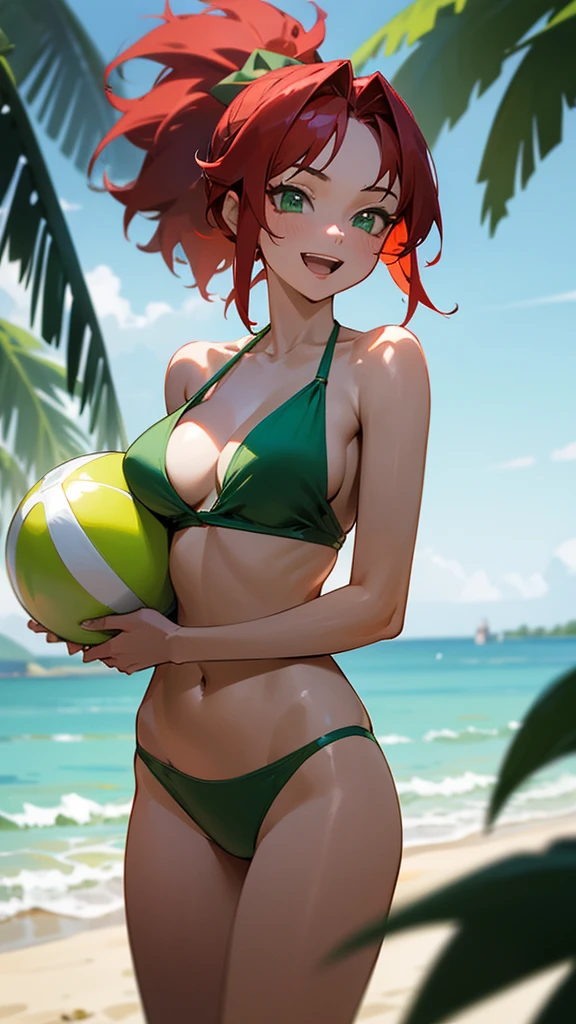 Red hair, green eyes, short ponytail,
smile, happy, open mouth, spiky hair, cleavage, green bikini,
green swimsuit, sunlight, beach, cowboy shot, sand, beach ball, ultra-detailed, absurdres, unreal engine, masterpiece, best quality, beautiful eyes, volumetric lighting, silky_hair), best quality, ultra-detailed, solo, looking at viewer, highres, 8k wallpaper, extremely detailed, smooth lighting, 8k, depth of field, masterpiece, cinematic