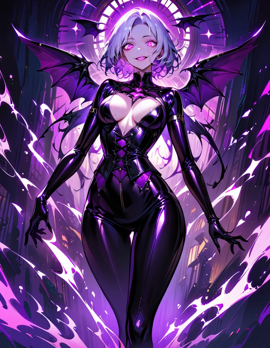 One young and beautiful woman,(Highest quality,Extremely detailed depiction,Incredibly absurd high resolution,Anatomically accurate depiction,Perfect body,Two curvaceous legs),(A fantastic evil goddess in a mysterious costume),(Gorgeous black outfit,Very high gloss latex,corset),eyelash,eye shadow,eyeliner,mascara,Flashy makeup,(Intensely glowing purple eyes,(Crazy Eyes),Glossy Lips,Wicked Smile,There is cleavage in the chest,wing,whole body,Silver Hair),Sweat,background:Temple of the Night,Purple light