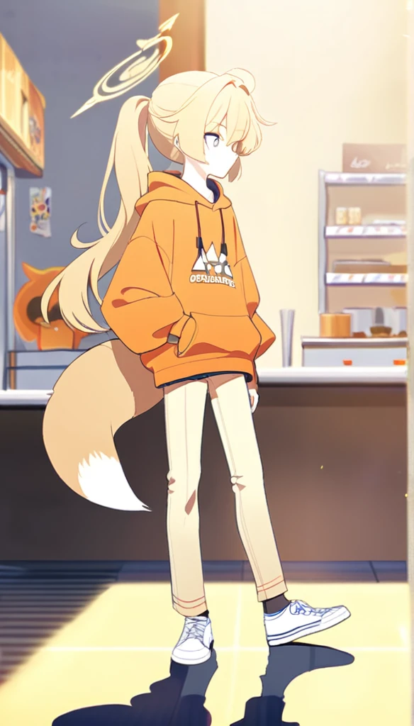 A 16 years old boy, 5ft8 in height, white shoes, Latte coloured jeans, Pastel orange hoodie, orange demon horns, fox tail, Blue eyes, blonde hair, Orange halo, ponytail, (Blue Archive character)
